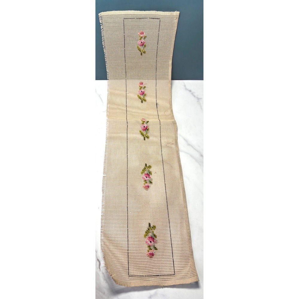 Vintage Pink Floral Needlepoint Bell Pull Runner Pink Roses Partially Complete